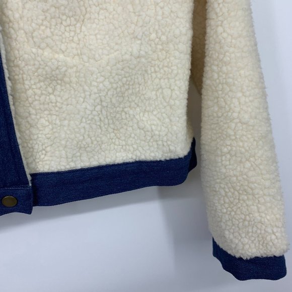 Shein Jacket Faux Shearling Button Front Beige Blue Contrast - Picture 7 of 11